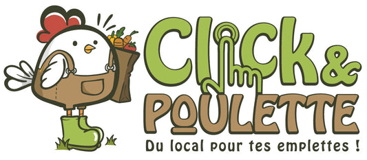 Le logo de Click & POULETTE montre une petite poule rigolote en salopette et en bottes avec un sac de courses
