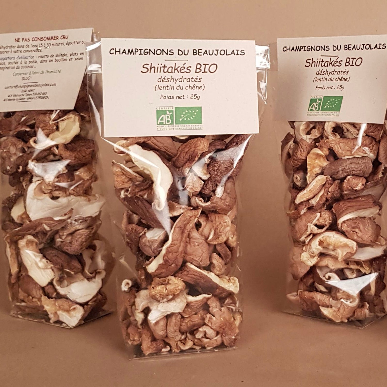 25g sachet champignons shiitakés lentins du chêne déshydratés Champignons du Beaujolais Perréon