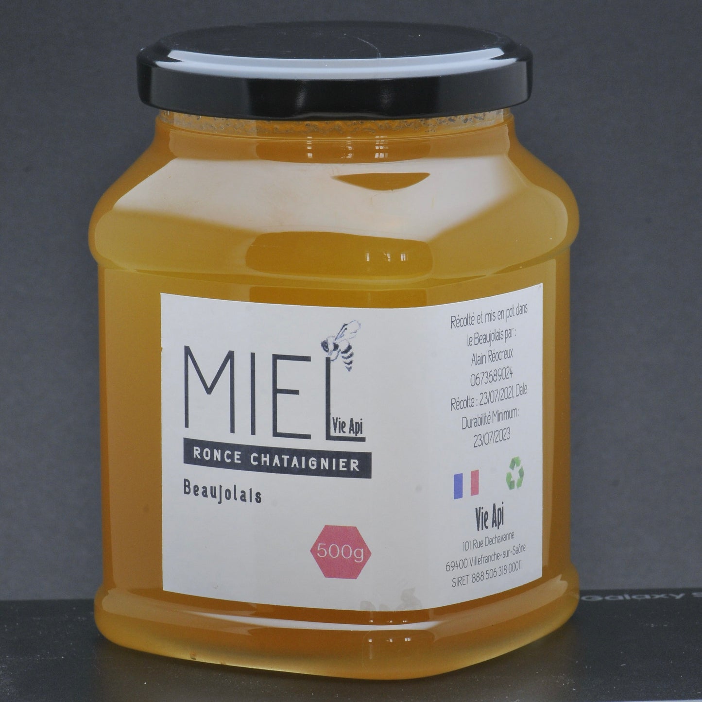 500g miel ronce châtaignier Beaujolais pot recyclable à vie Vie Api Villefranche sur Saône
